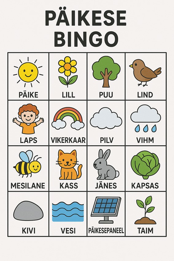 päikese bingo tööleht, 16 ruutu milles erinevate esemete pildid