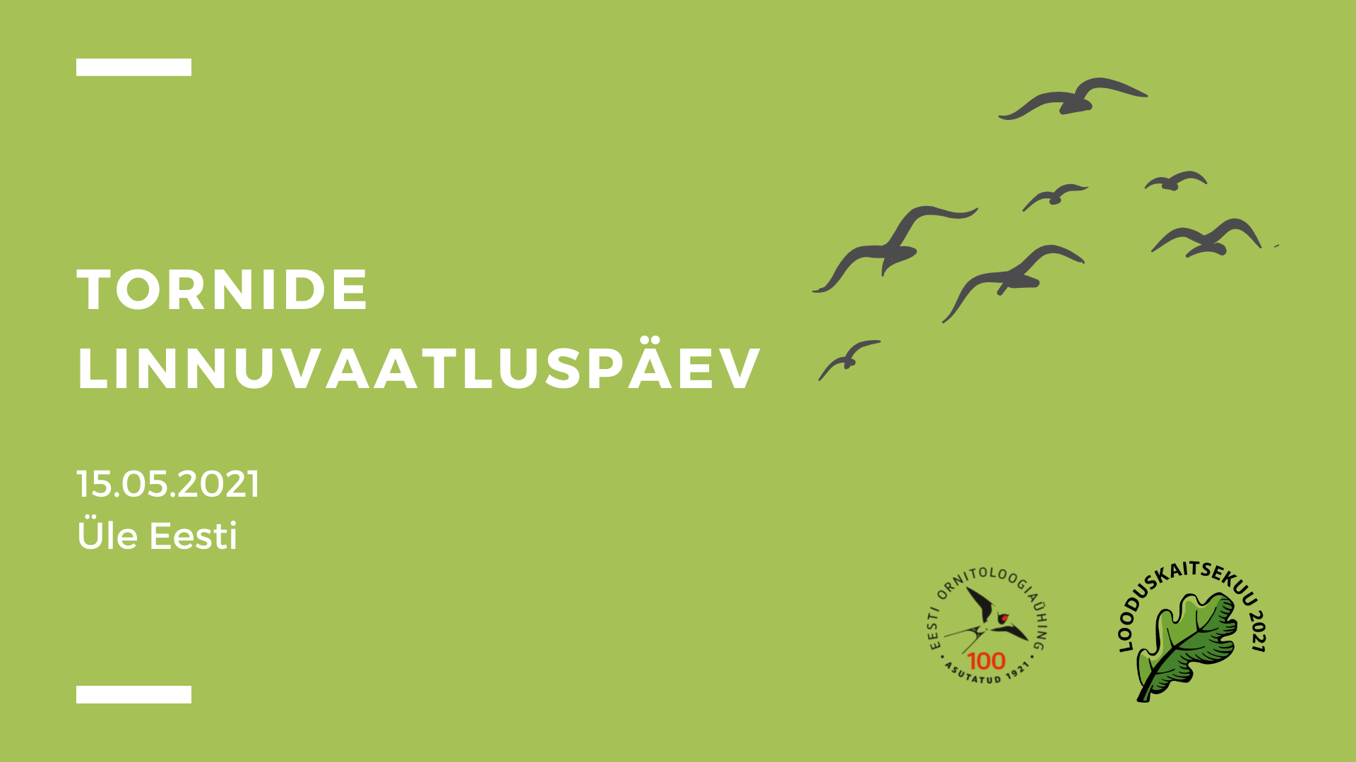 Rohelisel taustal on paremal üleval hallid lendavad linnusiluetid, vasakul tekst ja all paremal kaks logo.