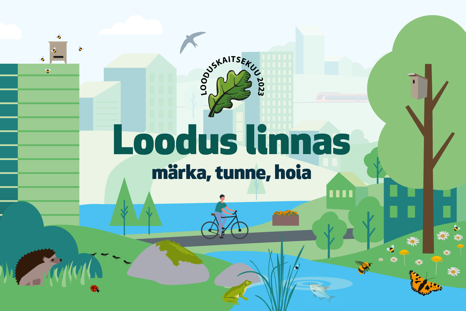 Looduskaitsekuu plakat loodus linnas lepatriinu, kuldnoka, siili ja teistega