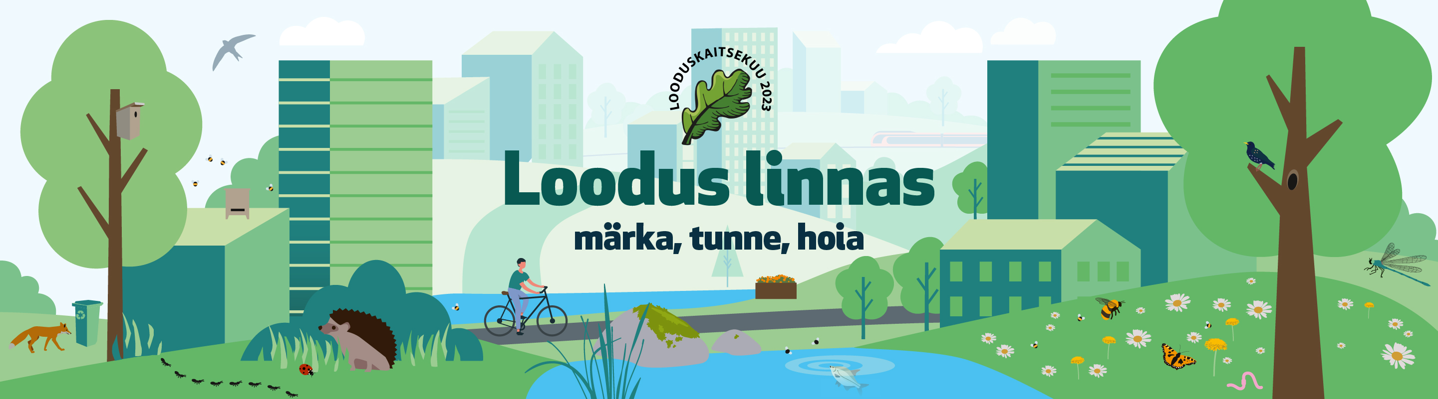Illustratsioon linnaloodusega, kiri "Loodus linnas" on looduskaitsekuu teema
