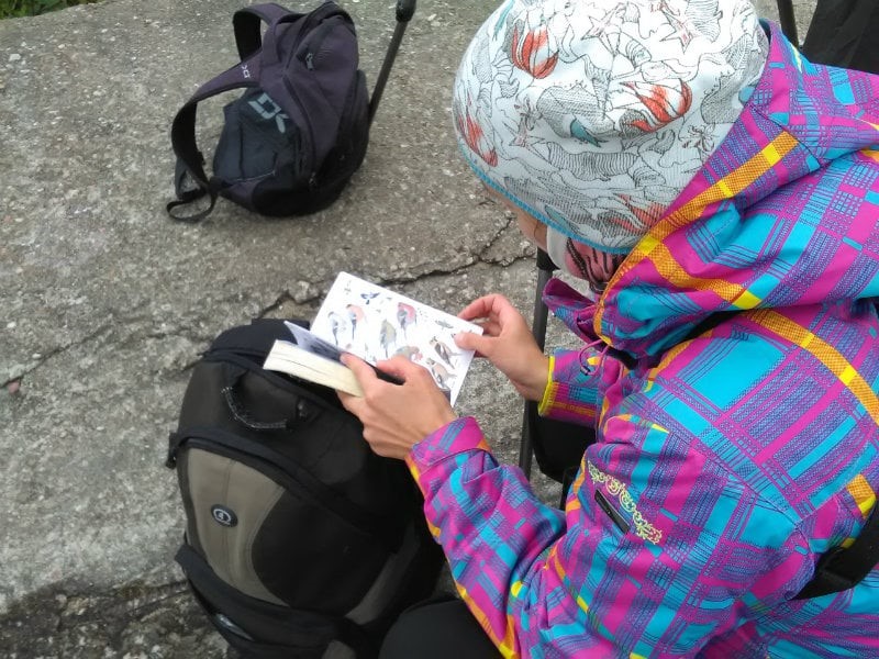 Kirjus jopes ja mütsiga naisterahvas sirvib linnumäärajat