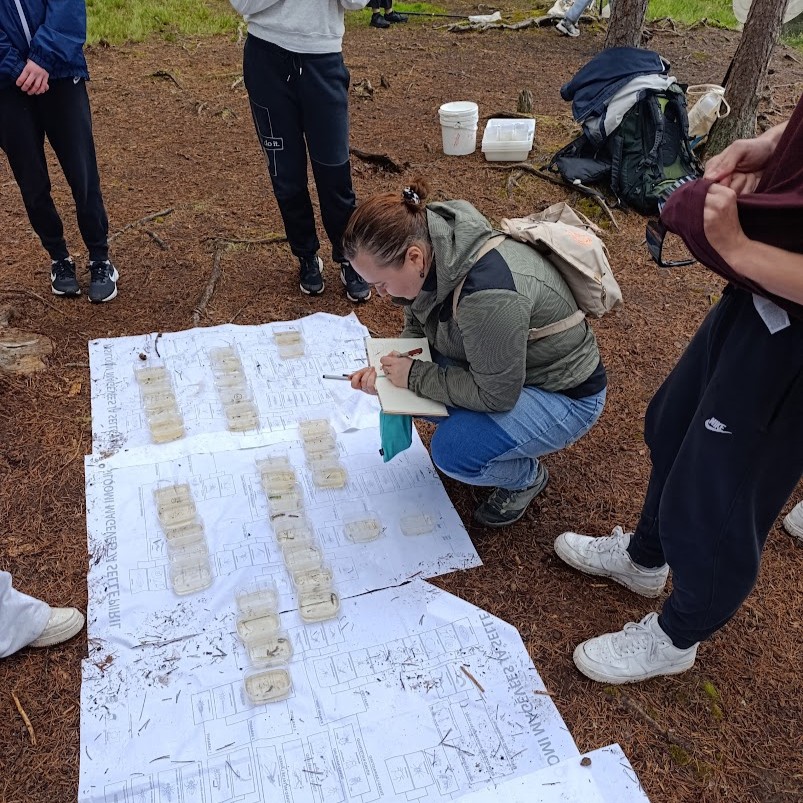 õpilased uurimas vee-selgrootuid 