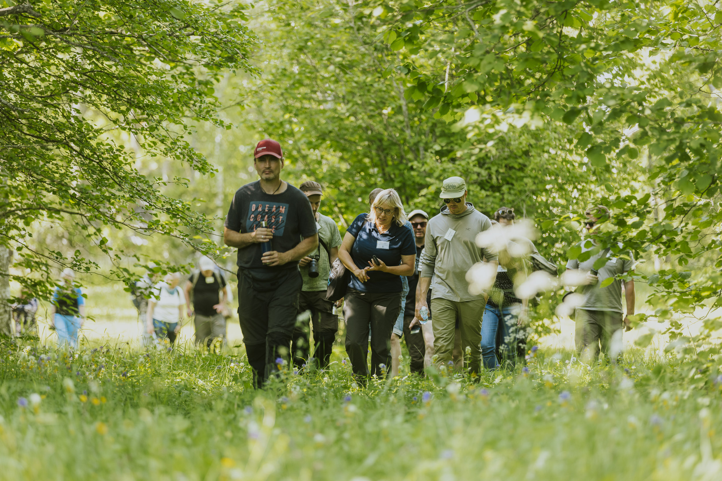 inimesed matkavad puisniidul