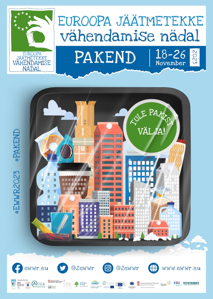 Jäätmetekke vähendamise nädala plakat helesinise ja rohelisega