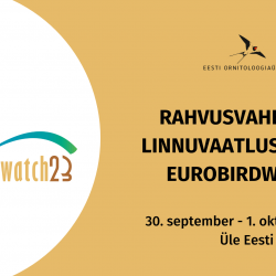 Paremal pool on valgel taustal logo, kus on kujutatud linnusiluetti ja tekst BirdLife EuroBirdwatch23. Premal pool on kollasel taustal suitsupääsukest kujutav logo ja tekstid.