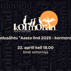 Mustal taustal on kormorane kujutav logo ja tekstid